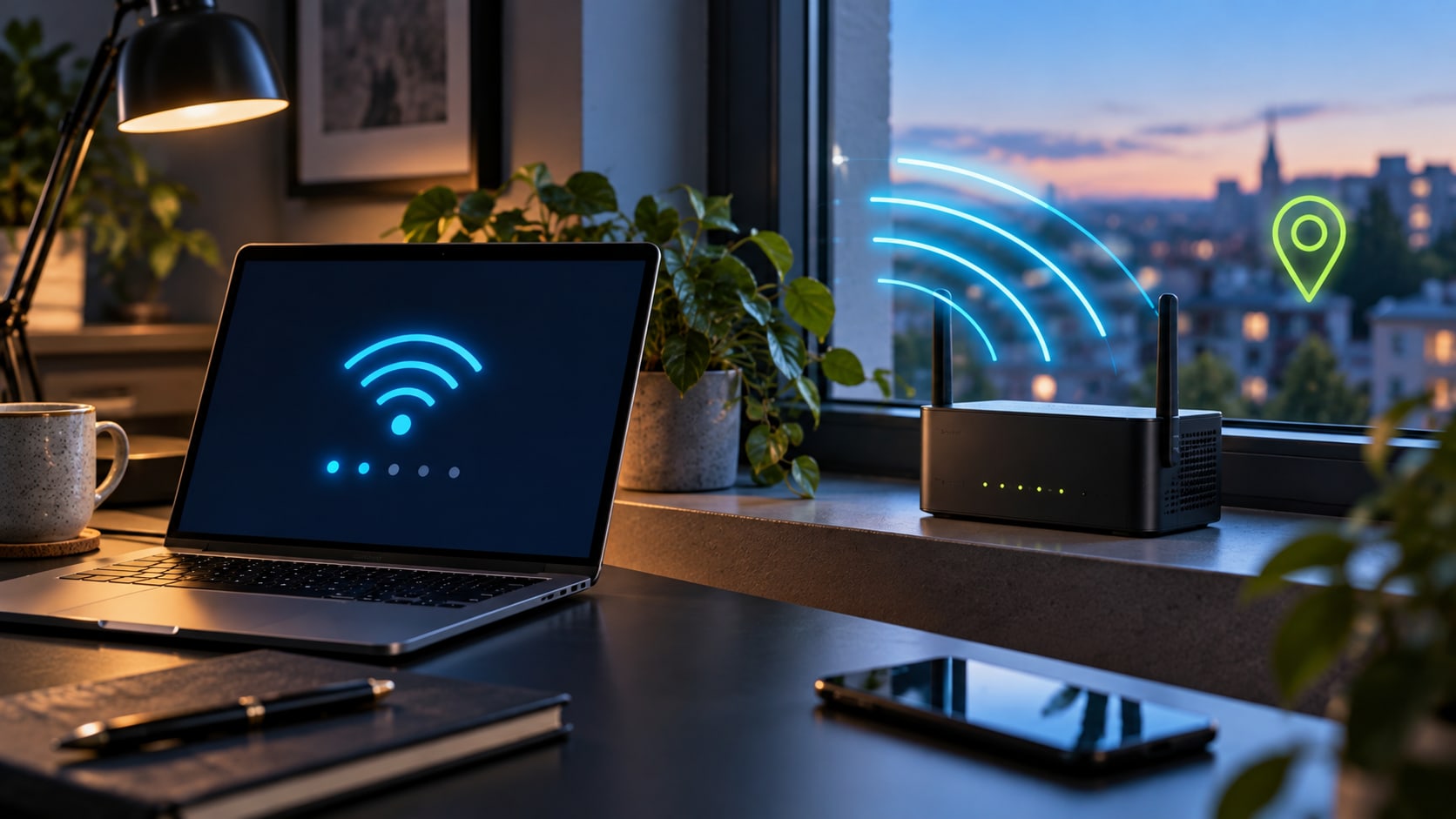 5G-Router am Fenster mit Laptop und stilisierten Funksignalen für die Versorgung zuhause.