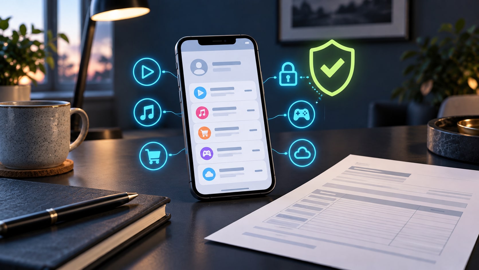 Smartphone mit stilisierten Rechnungspositionen, Schloss und Schutzschild als Symbol für eine Drittanbietersperre.