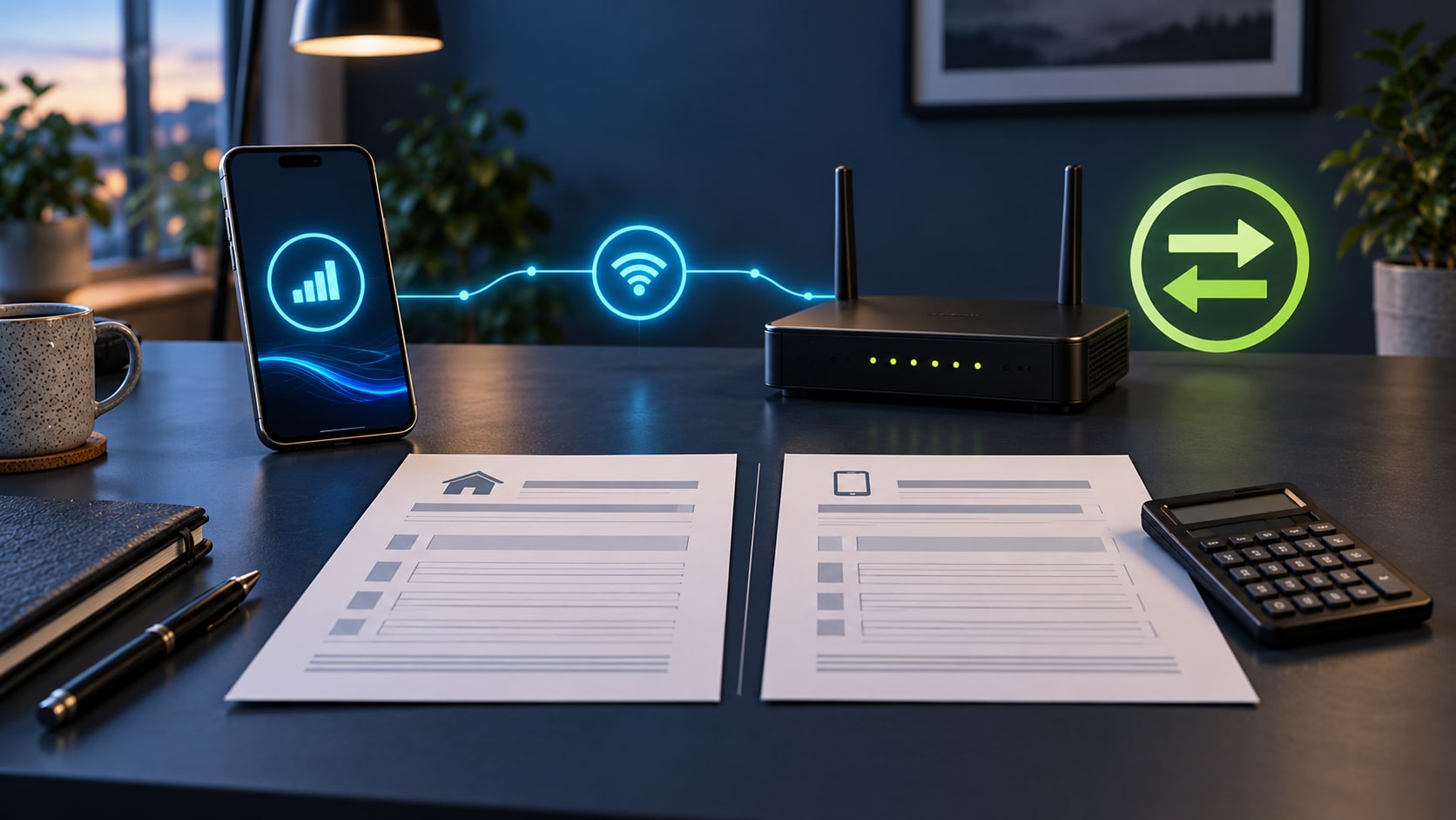 Smartphone, WLAN-Router und Vertragsunterlagen als Illustration eines Kombitarifs für Internet und Mobilfunk.